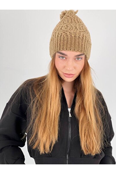 Miss Poem Winter Mink-Colored Women's Beanie with Pompom