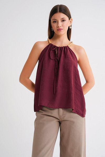 Mixray 4664 Women's Beaded Strap Blouse Claret Red