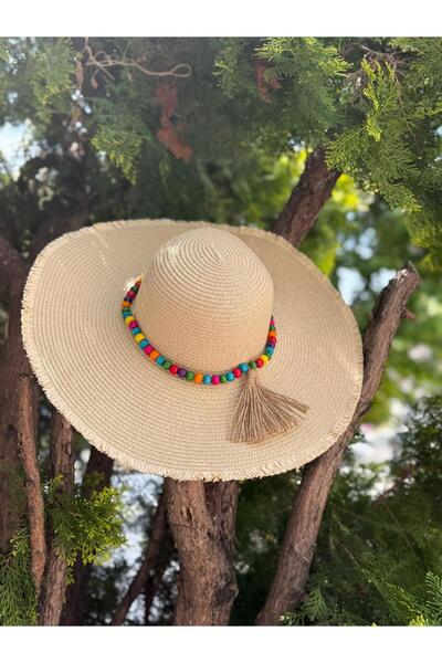 Axesoire 14574 Μπεζ φαρδύ ψάθινο καπέλο με κρόσσια και αξεσουάρ από πέτρες