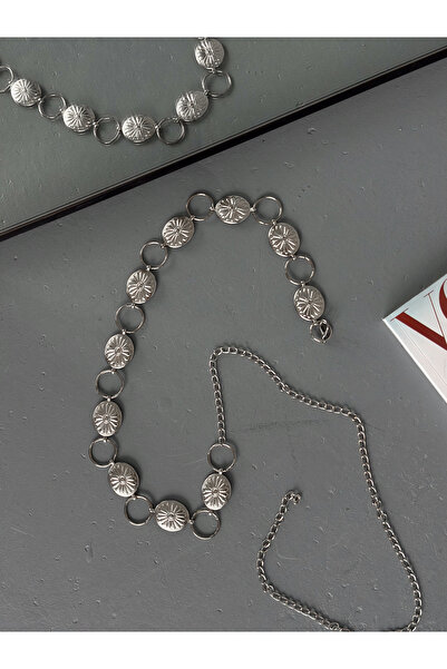 coaksco Kadın Çiçekli Plaka Silver Zincir Kemer