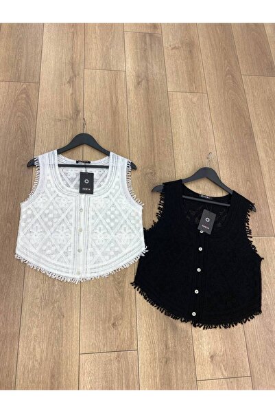 rengamoda Women's Lace Detail Buttoned Knitwear Vest