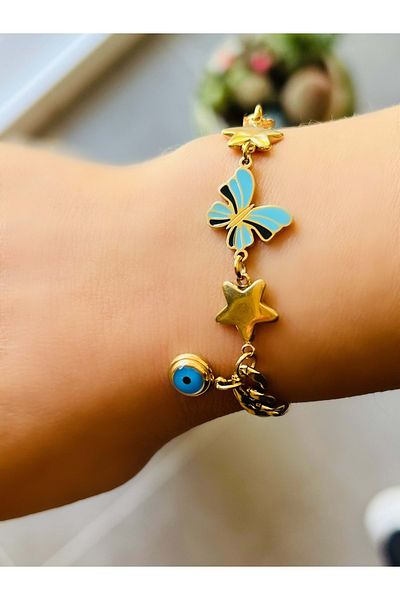 ACAR TAKI Butterfly Evil Eye Steel Bracelet 18+5 Cm-Gold Acr5161