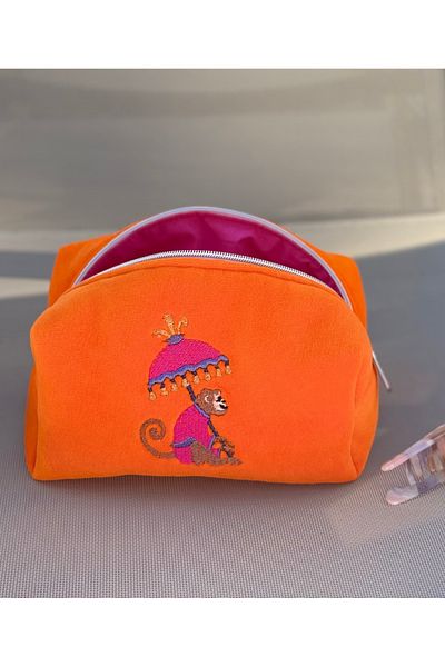LYIA Chimpanzee Embroidered Makeup Bag Medium Size - 1 Piece Orange