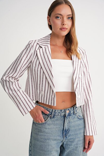 Mixray Γυναικείο λινό ριγέ Crop T-Shirt, μπορντό χρώμα