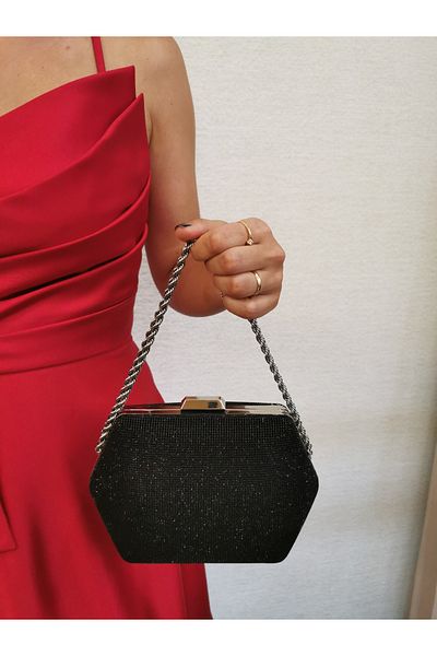 NAZART Women's Bigtaş Look Black Evening Dress Clutch Chain Strap Hand Wedding Engagement Night Shoulder Bag
