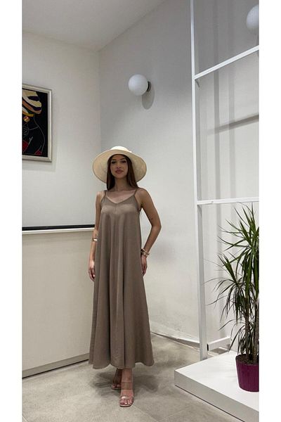 modadagiyim Βαθύ φόρεμα με λαιμόκοψη σε V λαιμόκοψη Casual μακρύ oversize άνετο φόρεμα με λουράκι από σχοινί