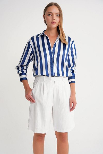 Mixray Women's Thick Striped Satin Shirt (Navy Blue)