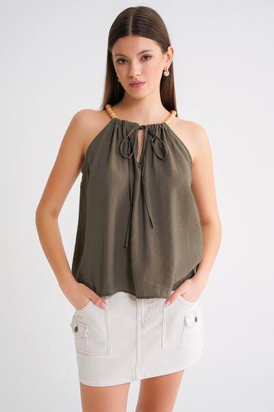 Mixray 4664 Γυναικεία μπλούζα με λουράκι με χάντρες Χακί