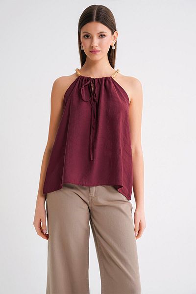 Mixray 4664 Women's Beaded Strap Blouse Claret Red