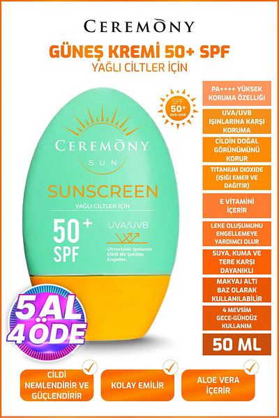 Ceremony Uva-Uvb High Protection Natural Look Fast Absorbing 50 Spf Sunscreen Oily Skin 50ml