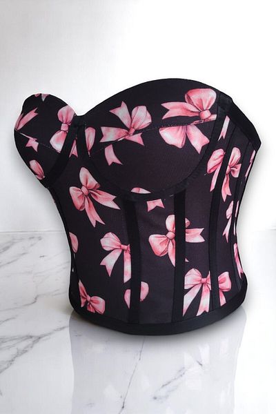 FİYPER Pink Bow Patterned Laced Black Corset Bustier 3200