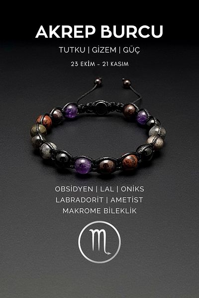 Seven Art Jewelry Natural Stone Bracelet, Handmade, Scorpio Macrame Bracelet – Obsidian, Garnet, Onyx, Labradorite and Am