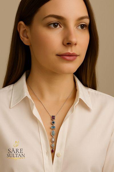 Sare Sultan Silver Color Women's Necklace with Colorful Stones Long Chain Steel Y Necklace Geometric Zircon Stone Modern Necklace