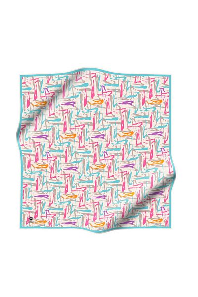 Vissona 100% Twill Silk Geometric Patterned Turquoise - Ροζ Χρώμα 90x90 Σχήμα Ραπτικής Κασκόλ: Ράψιμο στο χέρι
