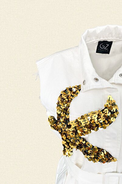 GZ Design Gold Starfish Embroidered Oversize White Jean Vest
