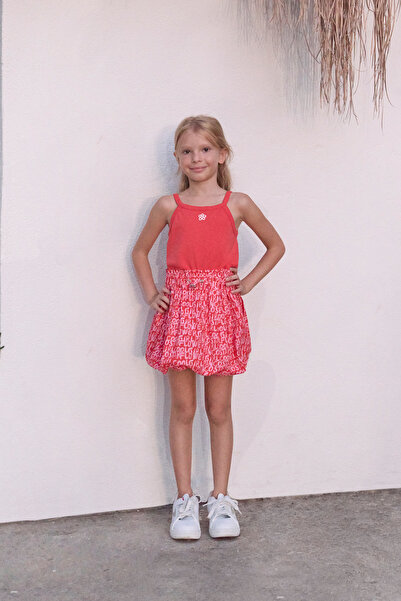 Panço Kız Çocuk Yazı Detaylı Balon Nar Etek