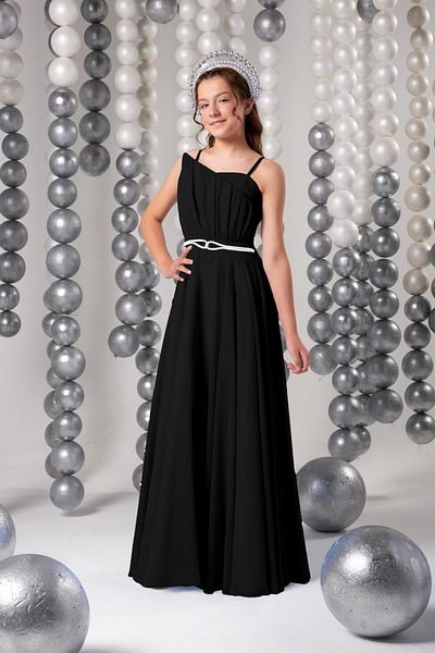SIRRI Girls Black Long Evening Dress - Graduation and Special Occasion Dress (Age 10-15)