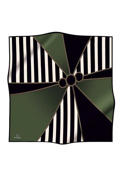 Vissona Μαύρο-χακί ριγέ 100% Twill Μεταξωτό Φουλάρι - 90x90 Ράψιμο στο χέρι με αλυσίδα