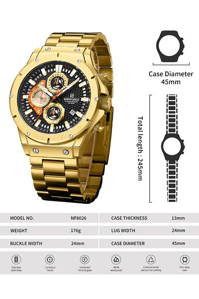 Naviforce NF8026 Men’s Chronograph Stainless Steel Strap Casual Waterproof Tough Guy Quartz Watch (GB)