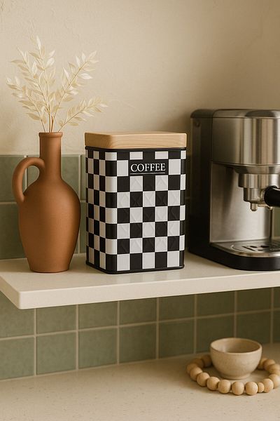 Arma House Wooden Look Metal Lid 1 Piece Black and White Checkerboard Storage Box & Jar 17*11*8 cm