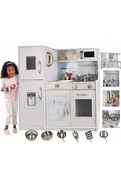Smart Vibe Kindervibe Wooden Children's Kitchen Set, Led, Sounds, Oven, Microwave, Sink, 80.5cm, White/gold