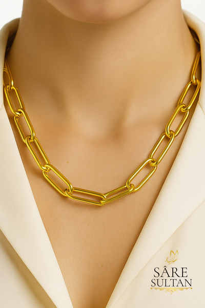 Sare Sultan Altın Renk Ataç Model Zincir Kolye Paslanmaz Çelik Kalın Zincir K...