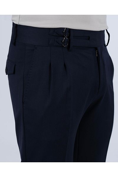 TerziAdemAltun Italian Cut Belted Pleated Navy Blue Fabric Trousers T10801