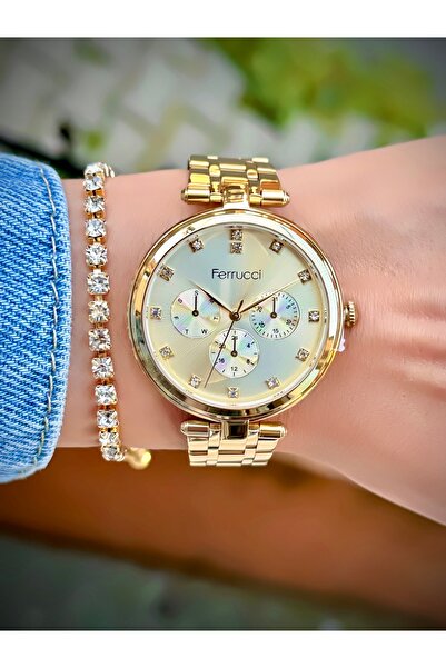 Ferrucci Kadın Kol Saati 2 Yıl Garantili Su Geçirmez Çelik Kordon Altın Renk Saat Orjinal Ürün