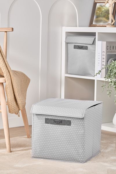 Serstil Gray Spotted under Cabinet Laundry and Toy Organizer Folding Storage Box with Lid 30X30X30Cm