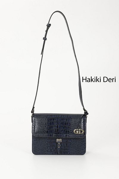 GÖNDERİ(R) DARK BLUE KRAKO Gön Platinum Genuine Leather Medium Size Women's Shoulder Bag Q8254