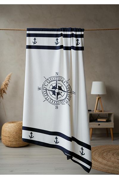 Doruklar Home Collection Πετσέτα θαλάσσης παραλίας με μοτίβο άγκυρας και πυξίδας Peshtemal 80x160 CM NRM07