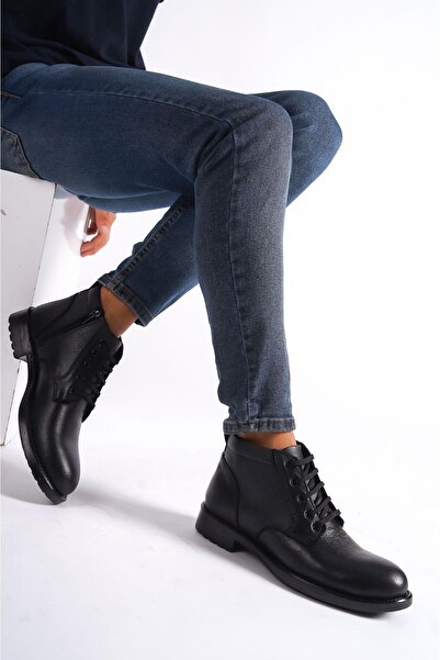 Mubiano Mbcn2-s Μαύρη γνήσια δερμάτινη σόλα από καουτσούκ με δαντέλα Λεπτομερείς ανδρικές μπότες & μπότες