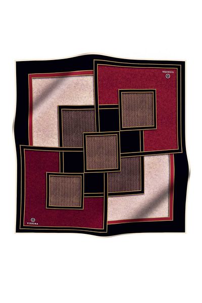 Vissona 100% Twill Silk - Χρυσό Λεπτομερές Τετράγωνο Μοτίβο Μαύρο/Βουργουνδία 90x90 Σχήμα Ραπτικής: Ράψιμο στο χέρι