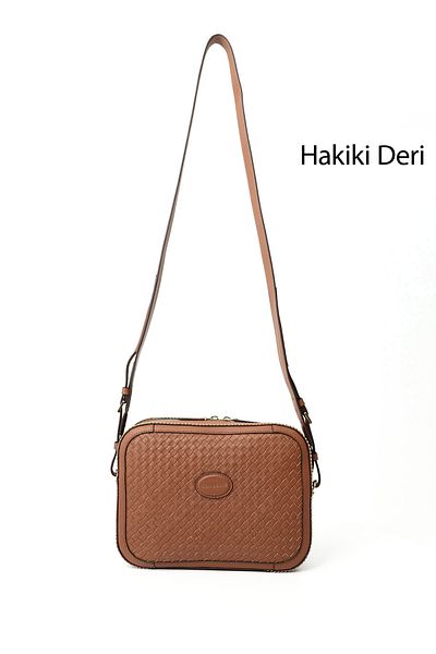 GÖNDERİ(R) Women / Girls Tan Genuine Leather Straw Knitted Long Strap Shoulder Bag