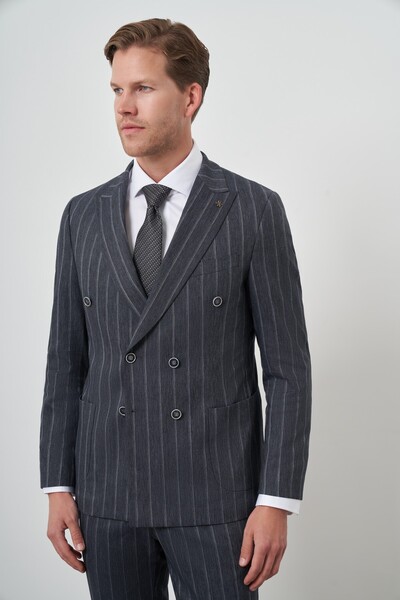 Morven Erkek Lacivert Tend Keten Kruvaze Slim Fit Sivri Yaka Takım Elbise