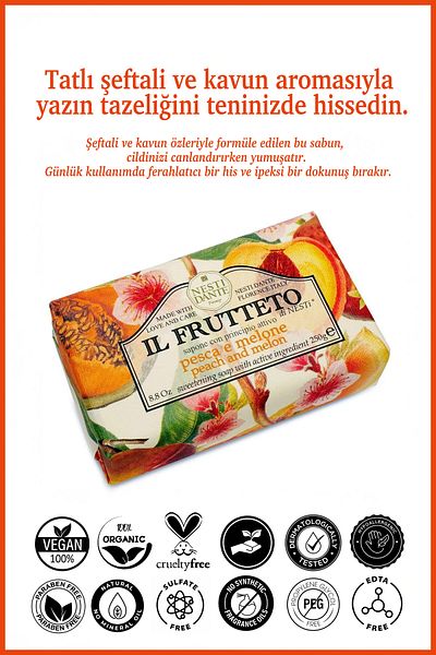 Nesti Dante Il Frutteto Peach & Melon Solid Soap 250Gr |   Moisturizing and Revitalizing |   Peach and K