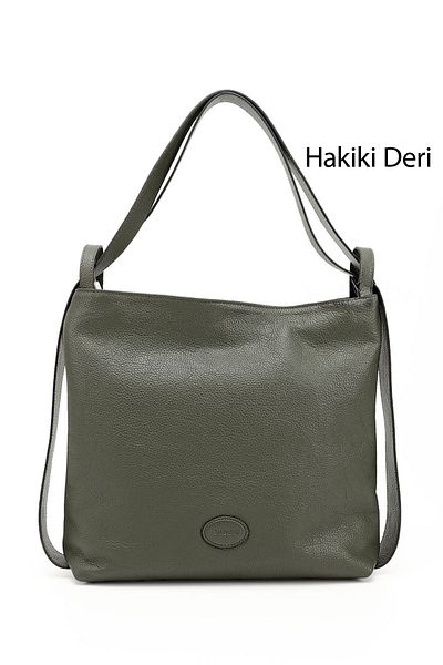 GÖNDERİ(R) KHAKI FLOTER Gön Platinum Genuine Leather Large Size Women's Shoulder and Backpack B7740