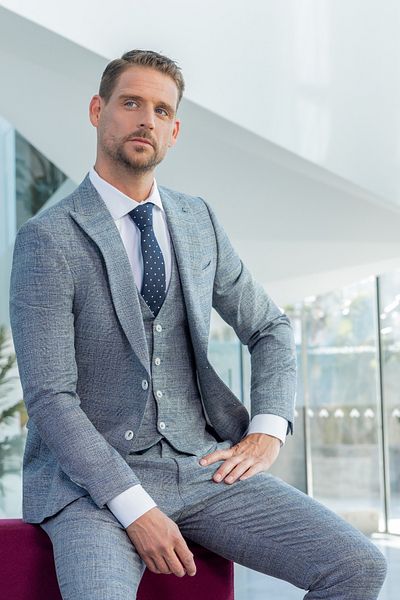 Morven Men's Navy Blue Polyviscon Trend Vest Patterned Slim Fit Pointed Collar Suit