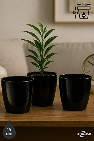 ToXA 3 Adet 1,9 Litre 15cm Siyah Izgaralı Tabaksız Plastik Saksı Yakut No2