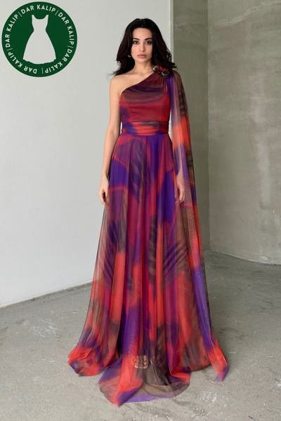 Serica Moda Rochie de seară lungă cu umăr portocaliu și detaliu floral