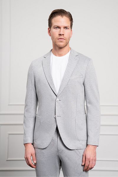 Morven Men's Gray Polyviscon Trend Knitted Striped Slim Fit Mono Collar Suit
