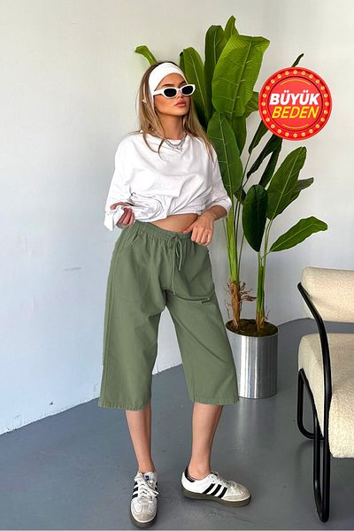 Dechers Women's Large Size High Waist Linen Look 100% Cotton Capri W203