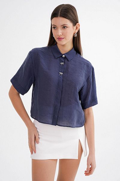 Mixray 4663 Women's Combination Buttoned Crop Shirt Navy Blue
