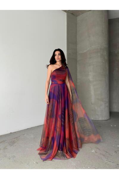 Serica Moda Rochie de seară lungă cu umăr portocaliu și detaliu floral