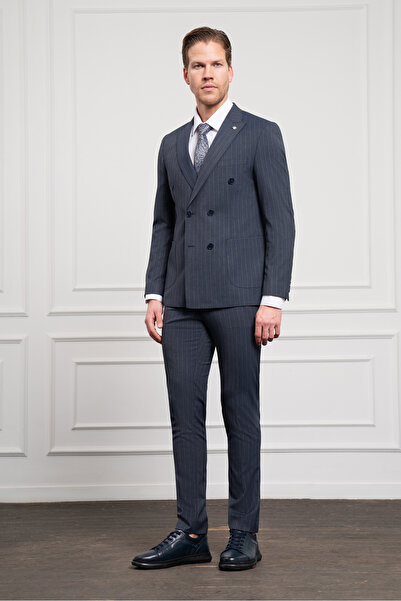 Morven Erkek Lacivert Trend Slim Fit Sivri Yaka Kruvaze Takım Elbise
