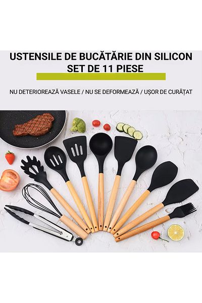 INNOVIO Set 11 Ustensile Bucătărie INNOVIO® din Silicon Alimentar cu Mâner din Lemn + Suport, Negru