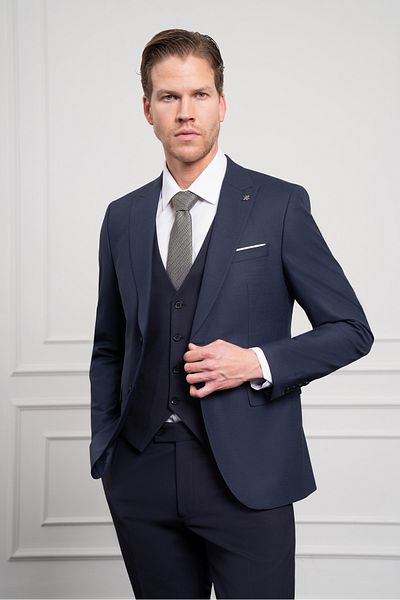 Morven Men's Navy Blue Trend Vest Combination Wool Slim Fit Pointed Collar Suit