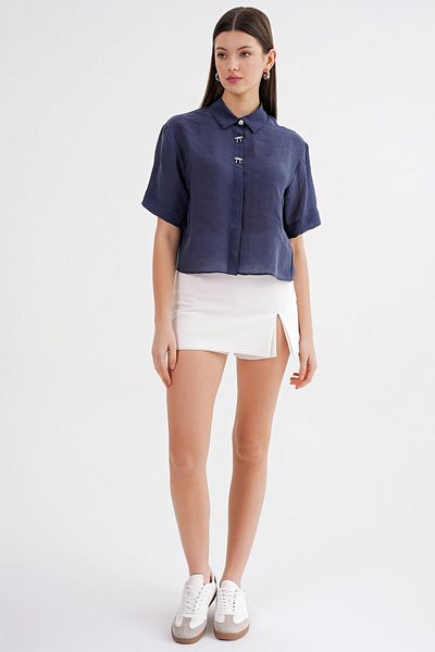 Mixray 4663 Women's Combination Buttoned Crop Shirt Navy Blue