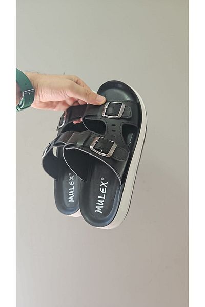 Slipcat Mulex Women's Double Buckle, Stylish, Casual Black Slippers
