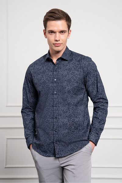 Morven Ανδρικό πουκάμισο με πέτο ΣΚΟΥΡΟ ΜΠΛΕ Trend Dynamic Fit